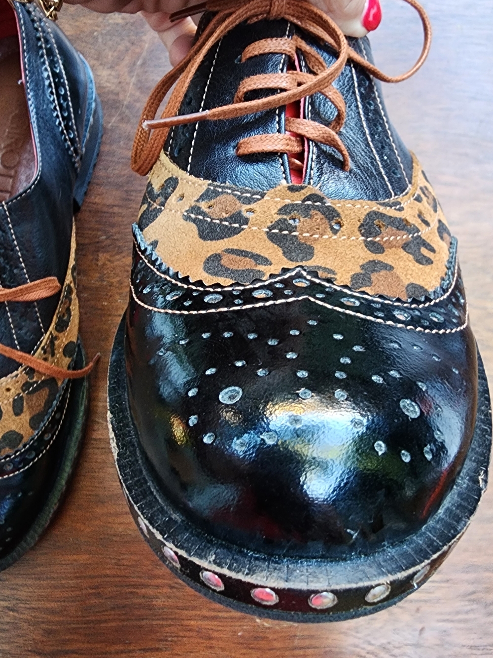 Girotti Custom Leather Oxford Brogues Black Patent Leopard Studded 39 - Picture 8 of 15